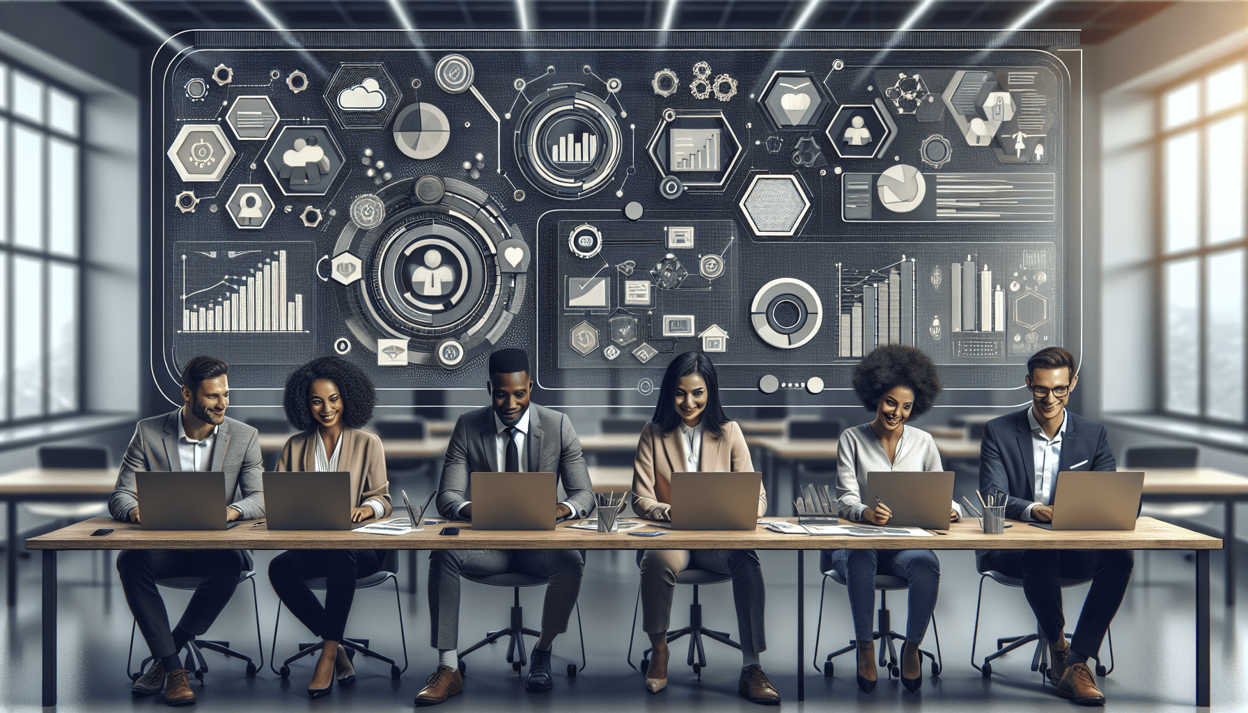 A professional team collaborating on a customizable white-label CRM platform in a modern workspace.